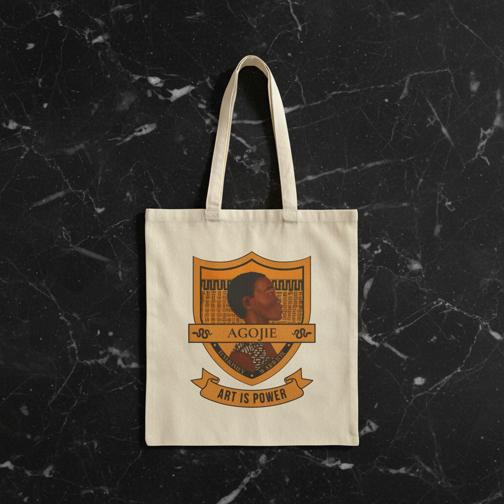Dahomey Warrior natural canvas tote bag front view on black marble — 12oz cotton double-sided print | Art Is Power Vol. I by Inkwell Fine Art Prints