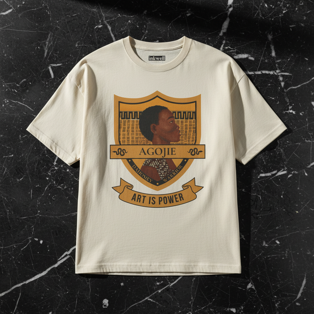 Dahomey Warrior natural tee flatlay on black marble — included in The Warrior Set — Art Is Power Vol. I | Inkwell Fine Art Prints