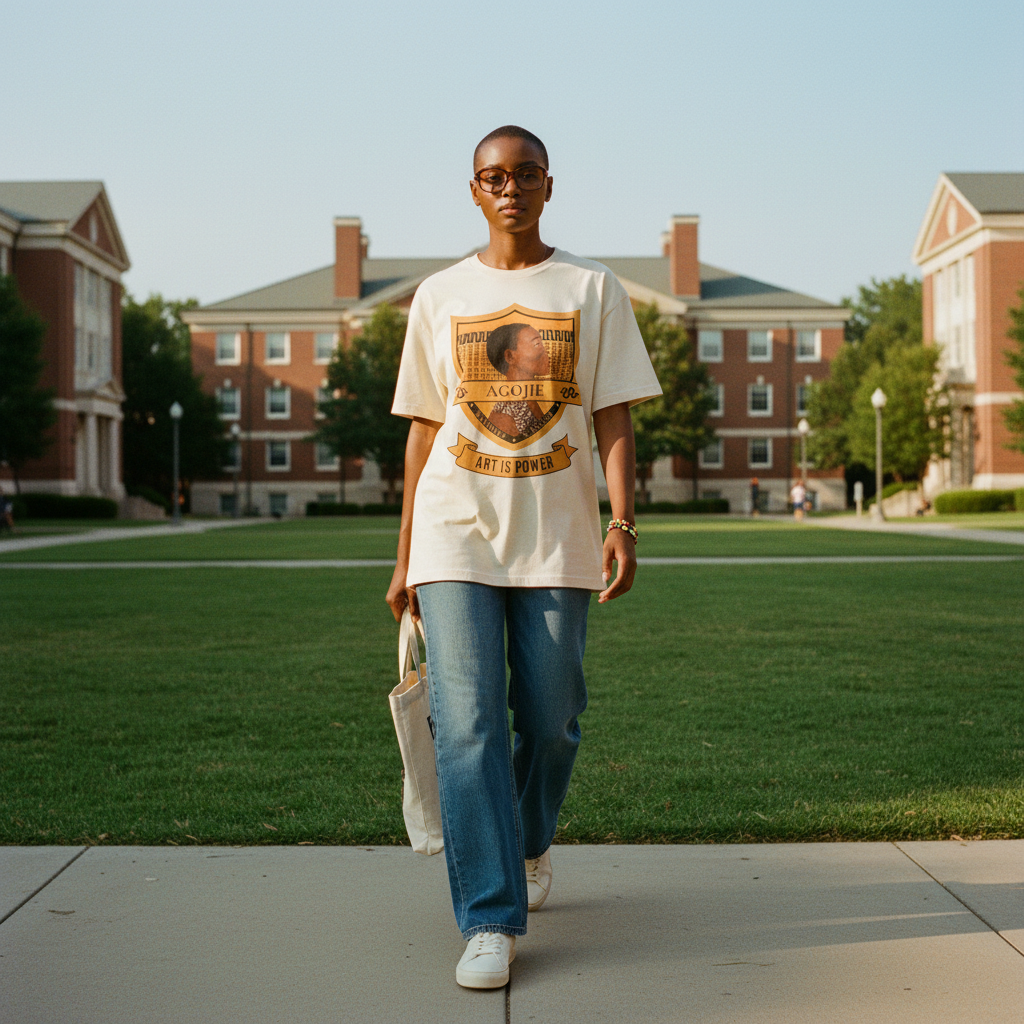 Shaved head woman on HBCU quad wearing Dahomey Warrior tee — The Warrior Set — Art Is Power Vol. I | Inkwell Fine Art Prints