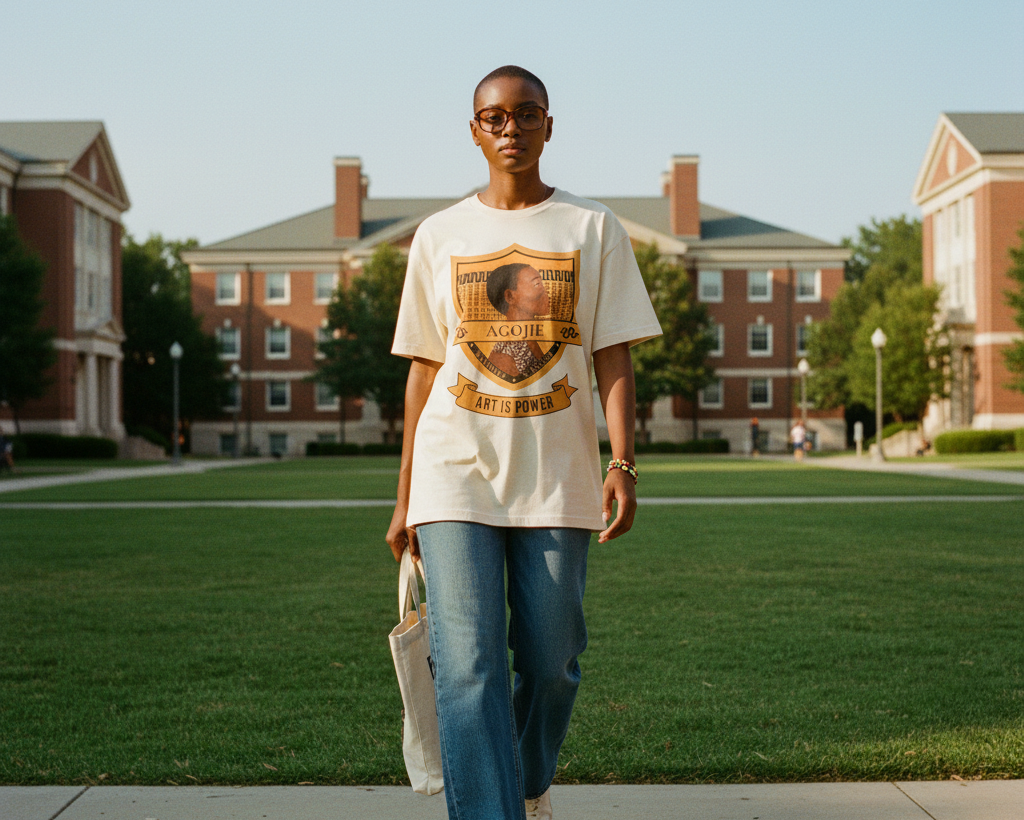 Shaved head woman on HBCU quad wearing Dahomey Warrior tee — The Warrior Set — Art Is Power Vol. I | Inkwell Fine Art Prints