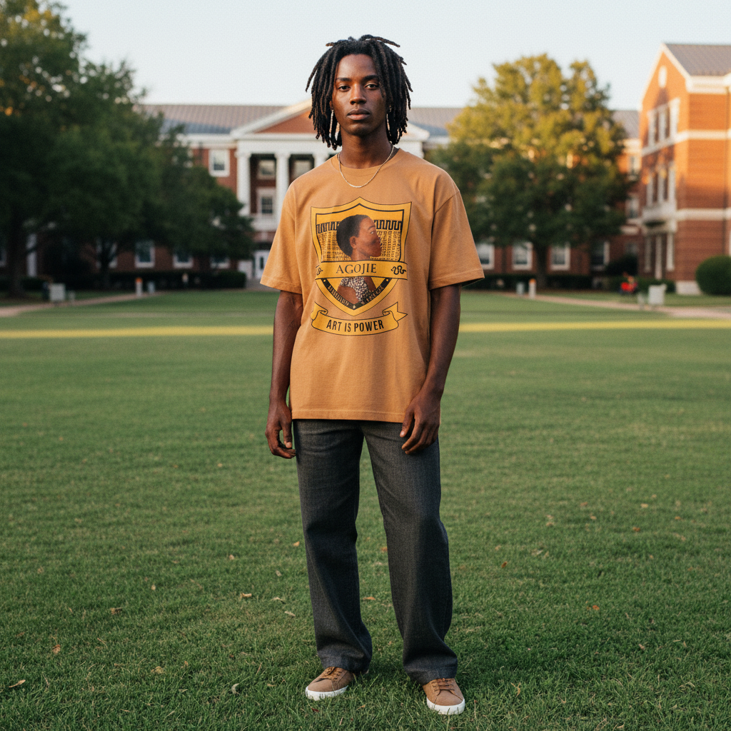 Androgynous person with locs wearing Dahomey Warrior toast tee on HBCU quad — Art Is Power Vol. I | Inkwell Fine Art Prints