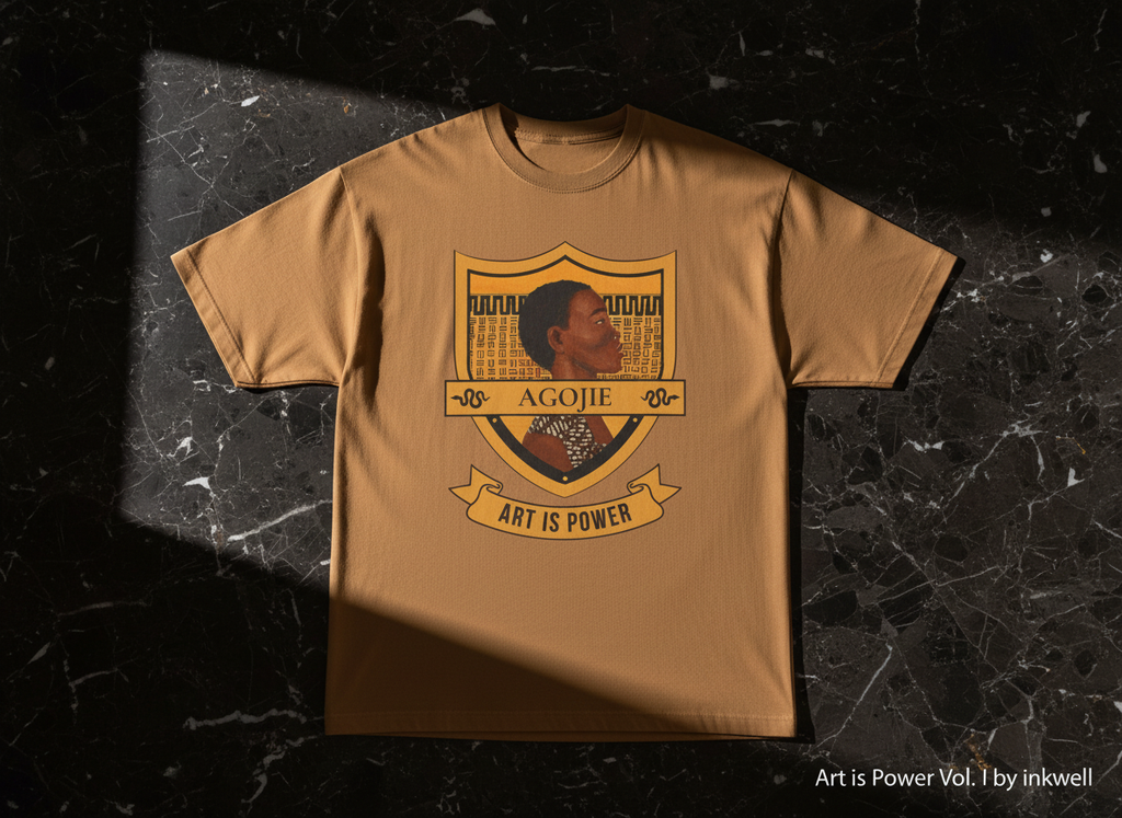 Dahomey Warrior toast tee flatlay on black marble — included in The Warrior Set — Art Is Power Vol. I | Inkwell Fine Art Prints