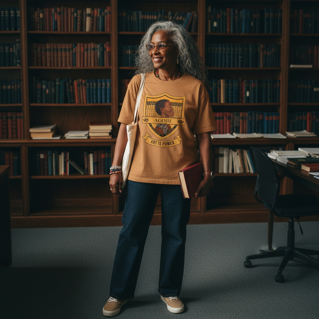 Elder scholar wearing Dahomey Warrior toast tee on campus — Art Is Power Vol. I | Inkwell Fine Art Prints