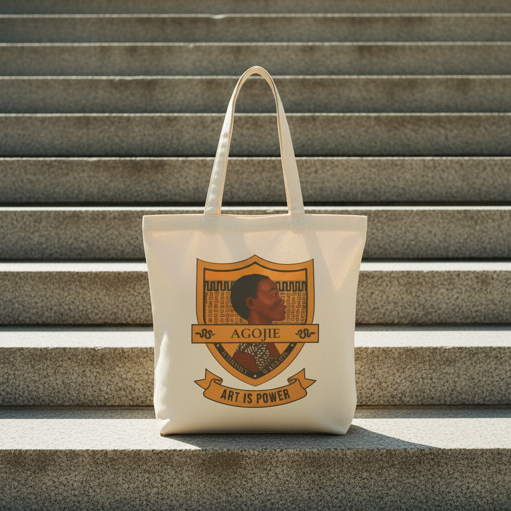 Dahomey Warrior tote bag on campus steps lifestyle — Art Is Power Vol. I | Inkwell Fine Art Prints