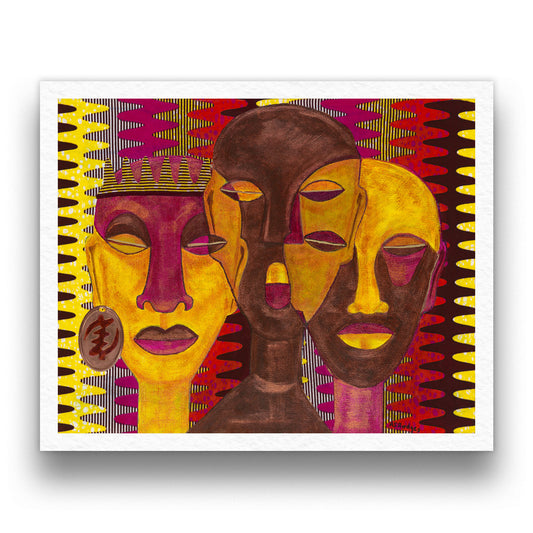 Black art print 'All Hail The Queen' by Antionette Simmons Hodges. Displays three stylized faces with geometric features in bold colors, set against a dynamic, patterned background inspired by African textiles, symbolizing regality and cultural richness.