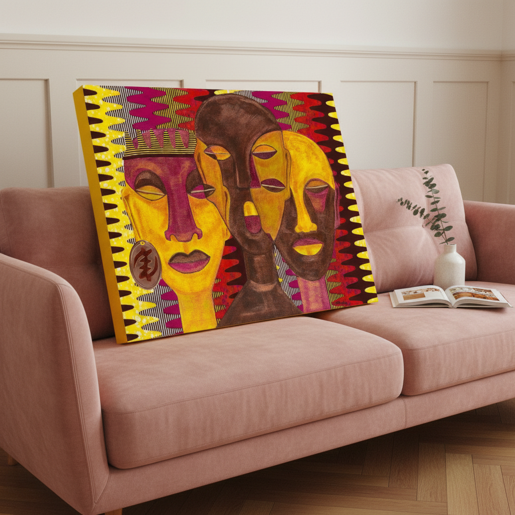 All Hail the Queen canvas print against solid yellow sofa — Afrocentric Black queen wall art