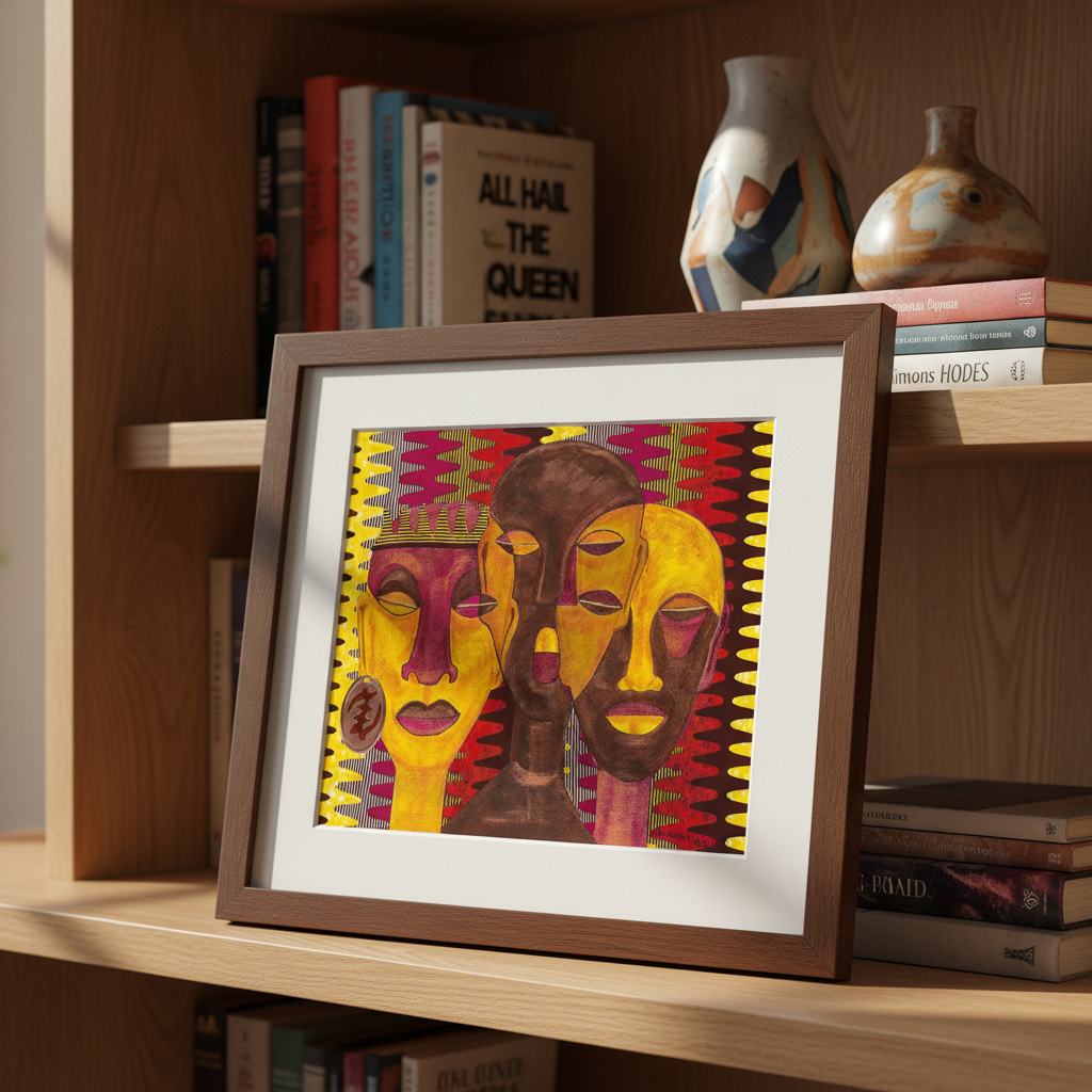 All Hail the Queen art print in espresso frame leaning on bookshelf — Afrocentric Black queen wall decor