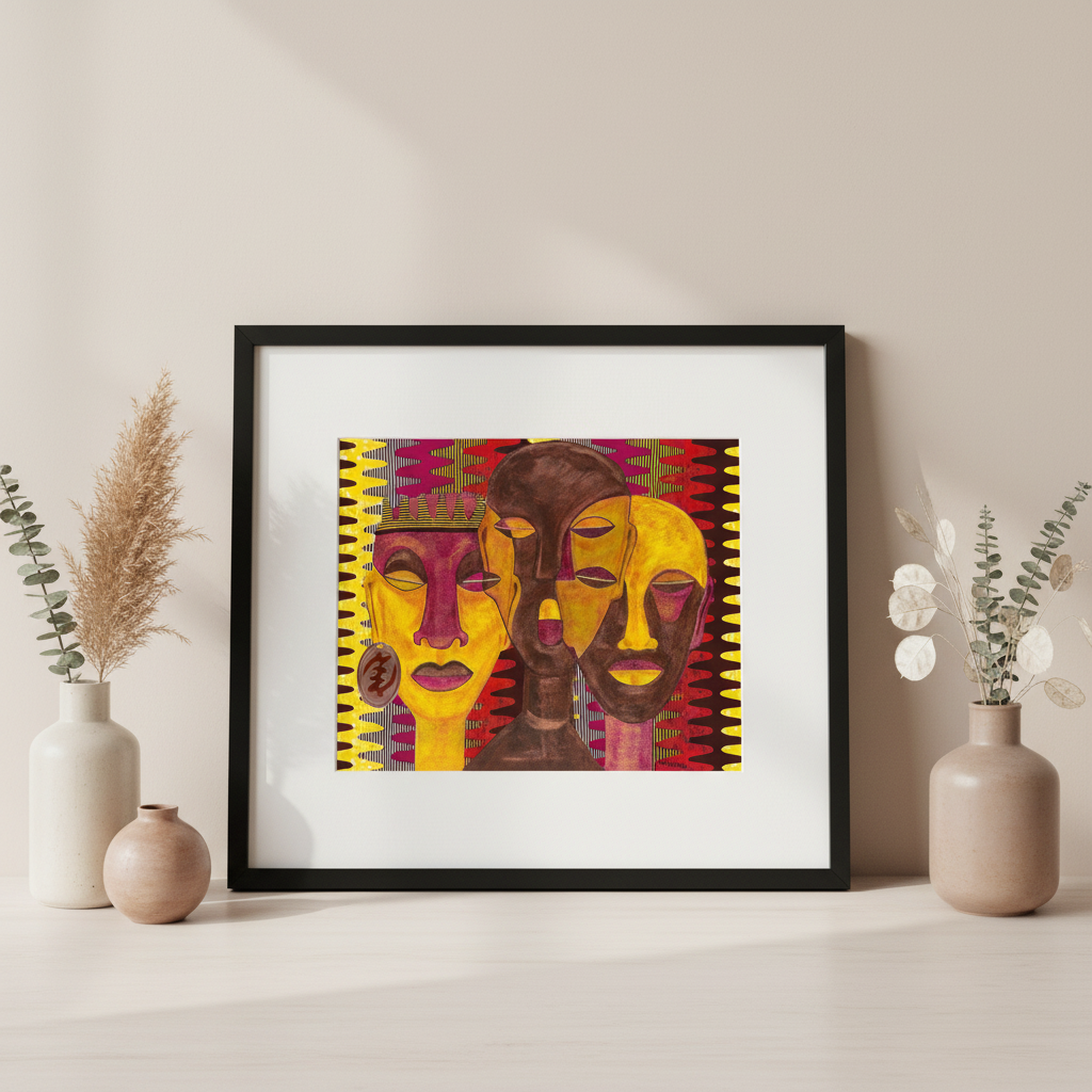 Framed artwork of three stylized African faces with a colorful pattern on a beige wall.