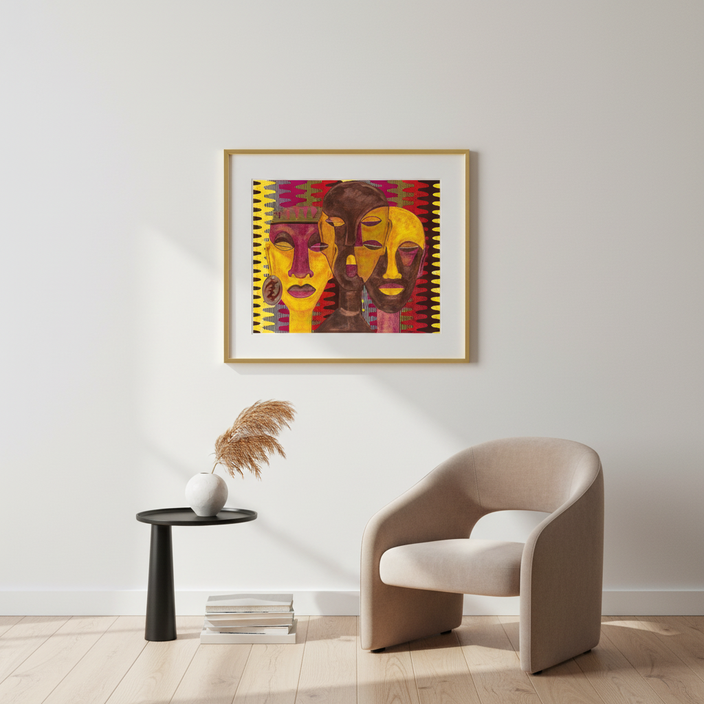 Modern interior with a beige armchair, small round table, and abstract black art on the wall.