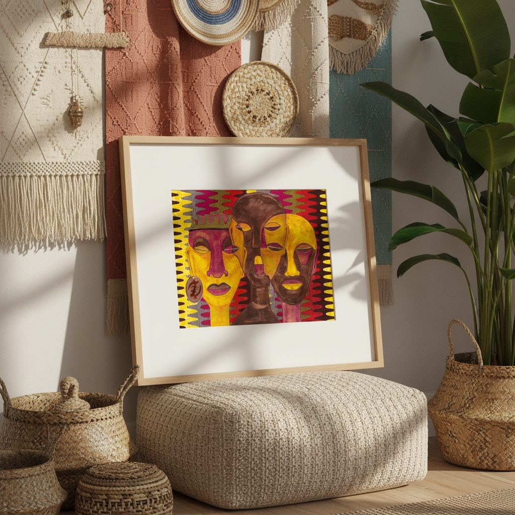 Framed artwork with colorful afrocentric faces on a wall with decorative elements