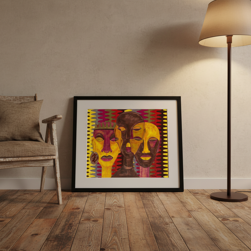 Framed artwork of colorful African faces on a wall in a room with a wooden floor and a lamp.