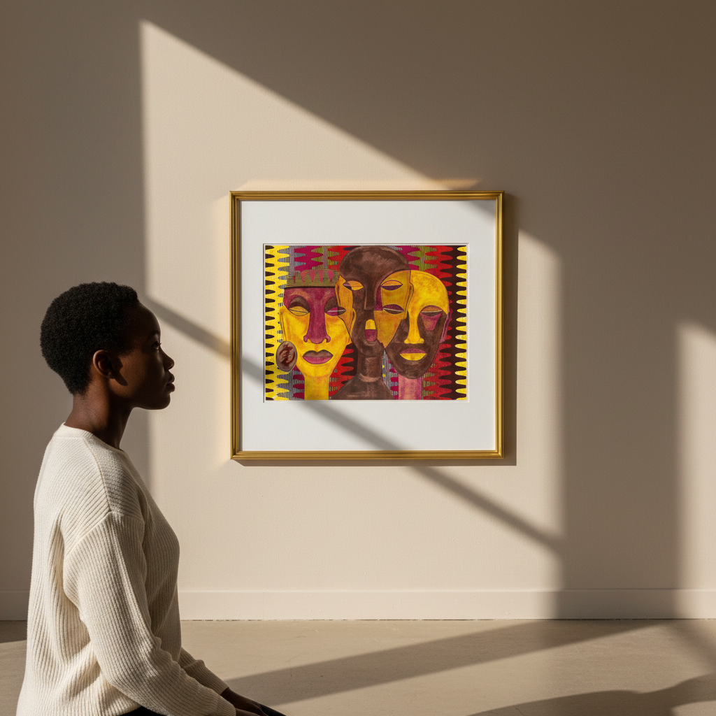 Woman looking at a colorful abstract art piece on a wall