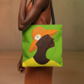 Annabelle's New Hat Art Tote Bag center view — Black woman portrait art on cotton canvas