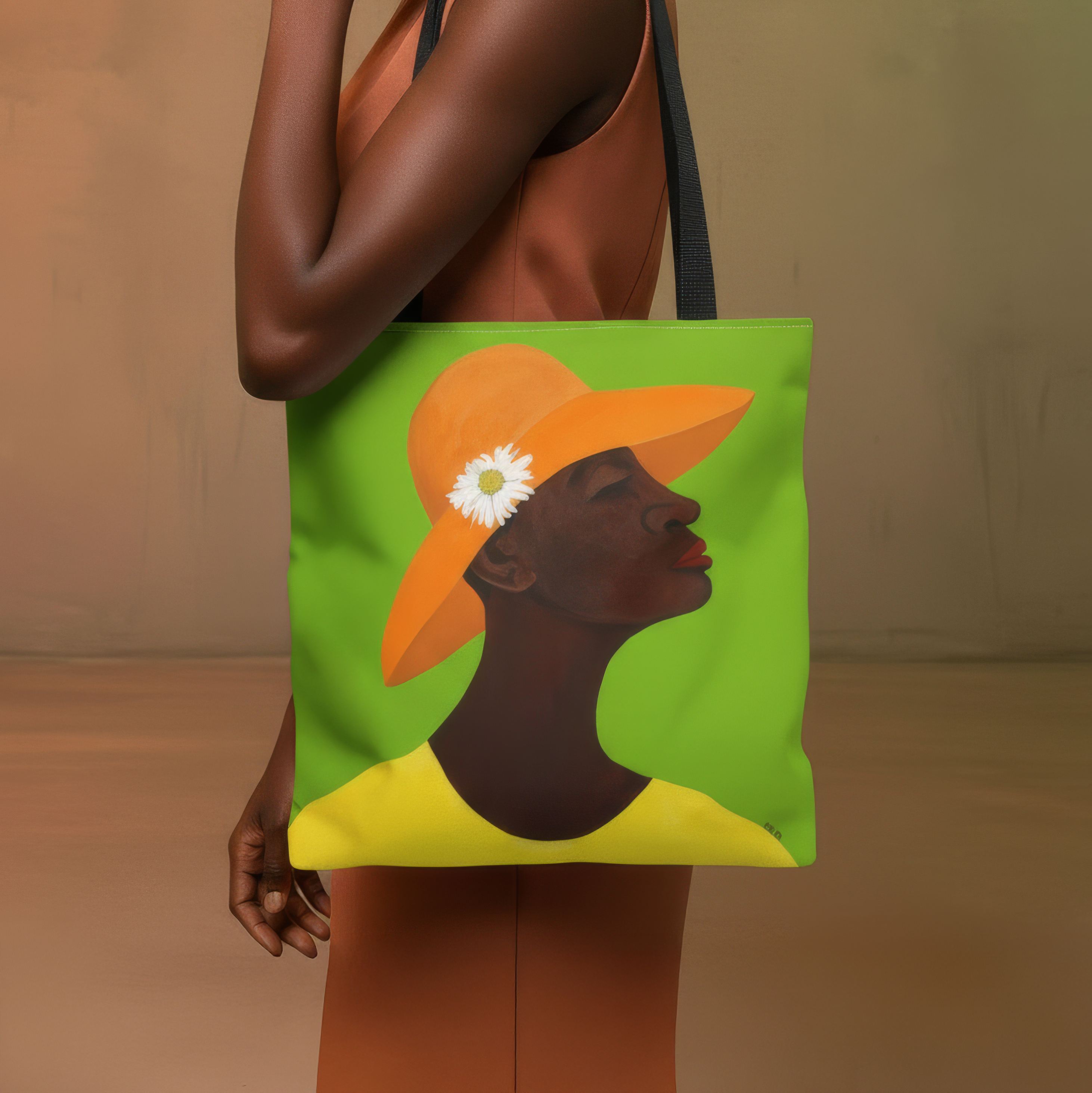 Annabelle's New Hat Art Tote Bag center view — Black woman portrait art on cotton canvas