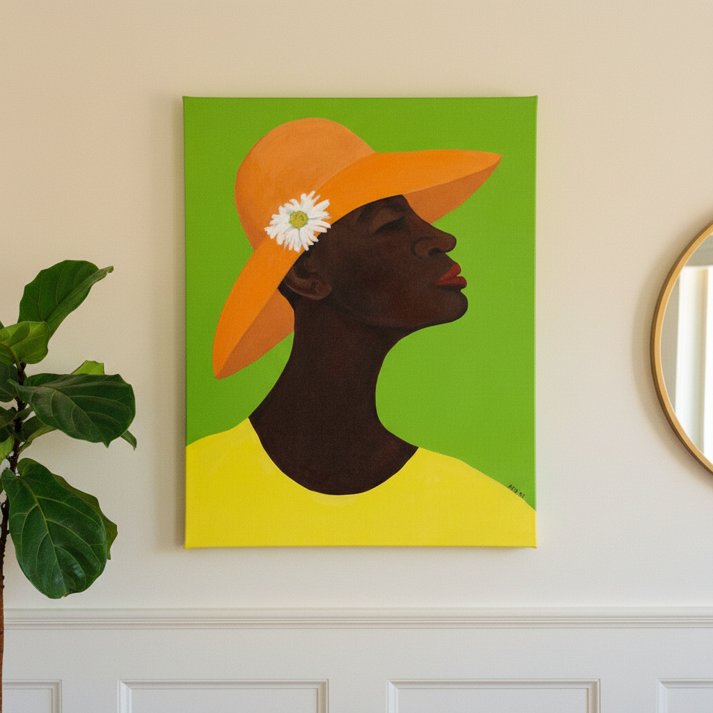 Annabelle's New Hat canvas print hung with wainscoting round mirror and fiddle leaf fig — Black woman art