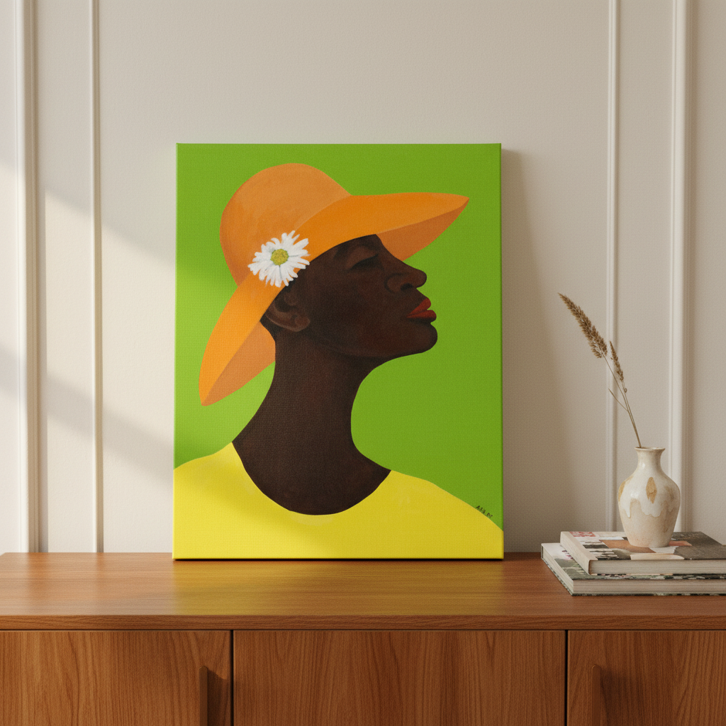 Annabelle's New Hat canvas print on oak sideboard with books and vase — Black woman church hat wall art