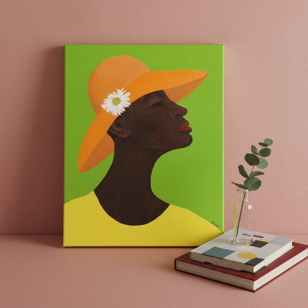 Annabelle's New Hat canvas print overhead with dusty pink eucalyptus and books — Black woman wall art