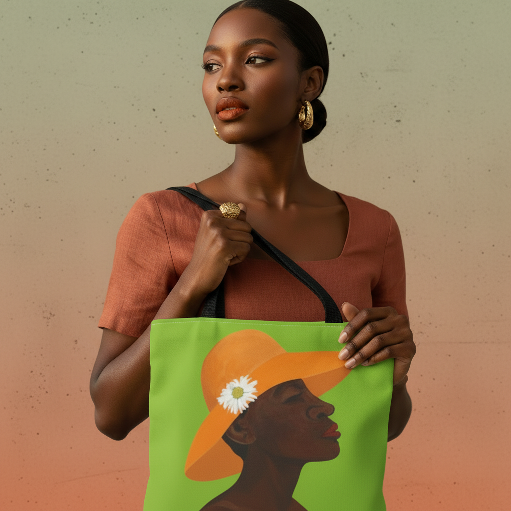 Close-up of Annabelle's New Hat tote bag showing Black woman portrait art detail