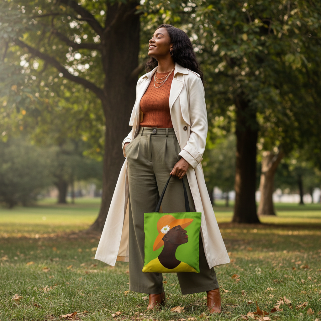 Annabelle's New Hat tote bag in outdoor park setting — Black woman art lifestyle gift for mom