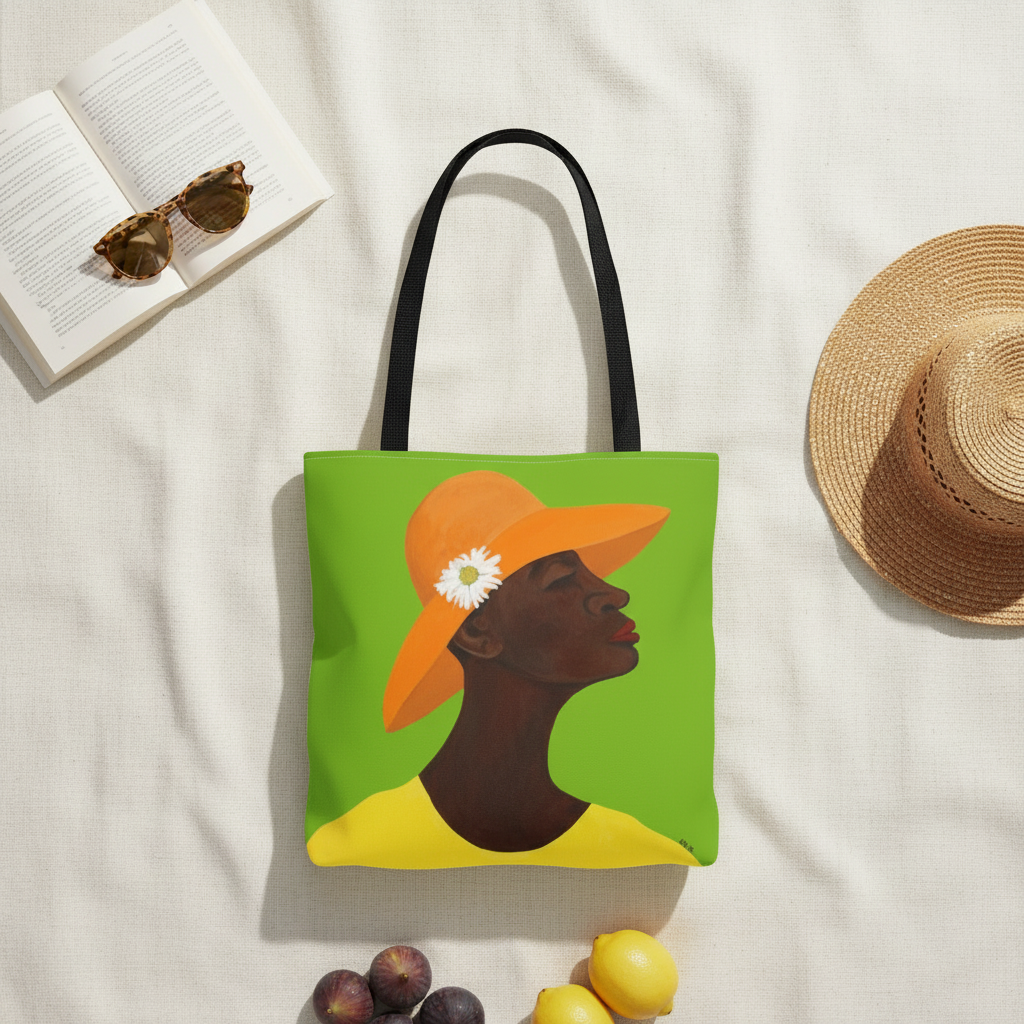 Annabelle's New Hat tote bag on beach blanket flatlay — stylish Black woman portrait art design