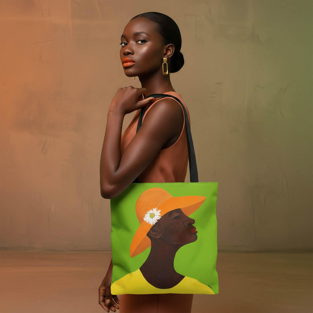 Lifestyle close-up of Annabelle's New Hat Art Tote Bag — stylish Black woman art for everyday carry