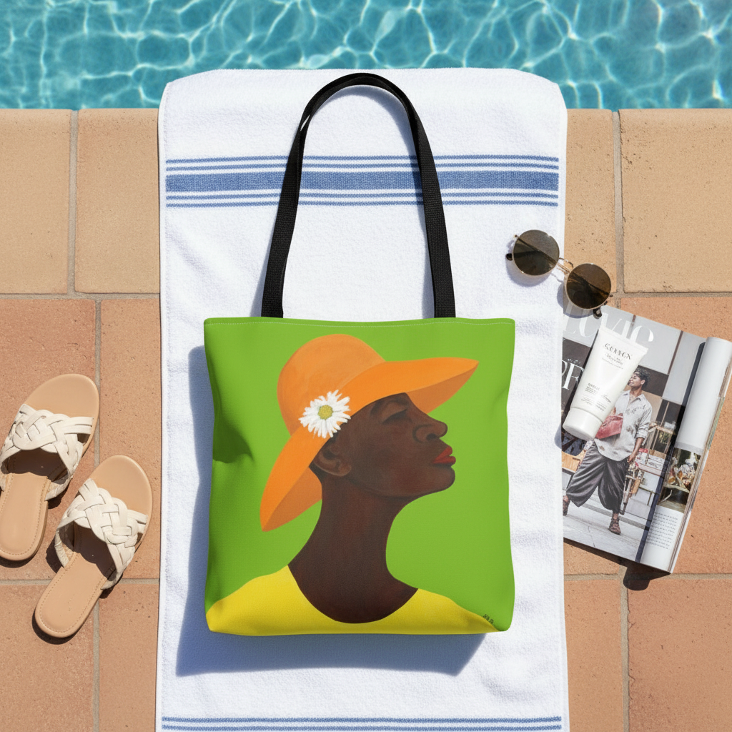 Annabelle's New Hat Art Tote Bag poolside flatlay — Black woman art summer accessory