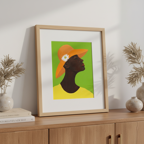 Annabelle's New Hat framed giclee print in natural wood frame on console shelf — Black church lady art