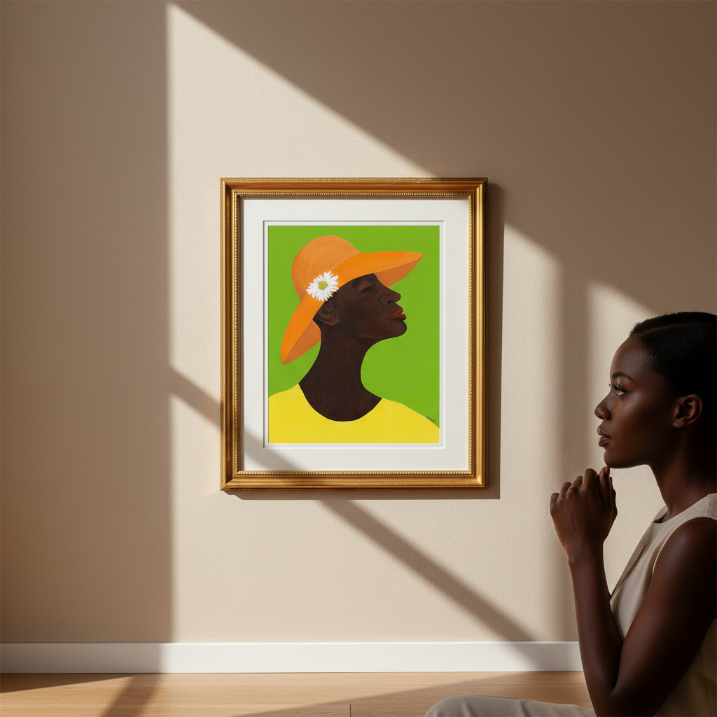 Woman looking at a framed artwork of a woman with an orange hat on a wall.