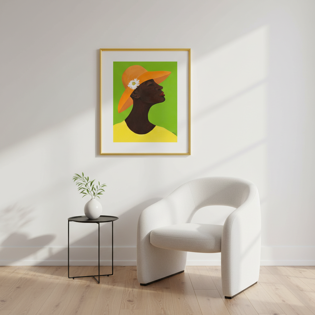 Modern interior with a white armchair, small table, and framed artwork on the wall.
