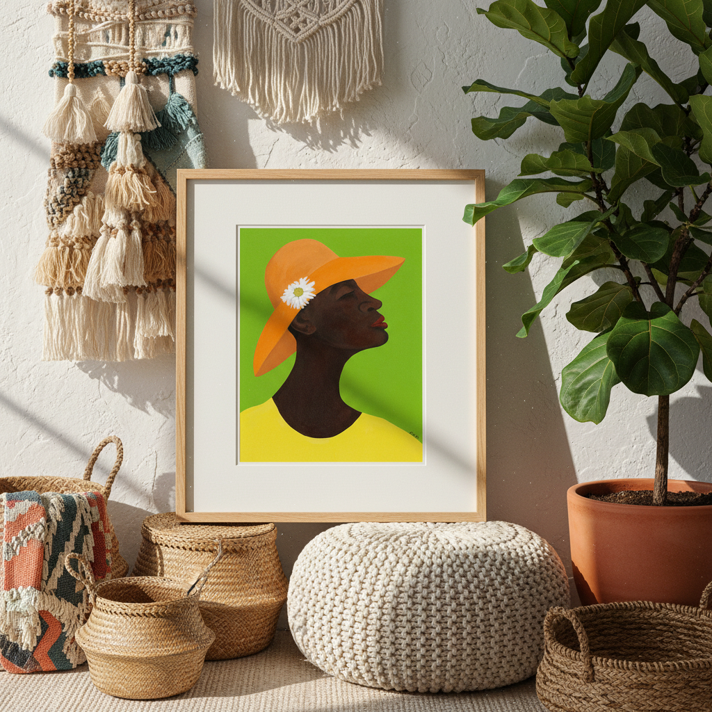Framed artwork of a woman wearing an orange hat with a white flower, surrounded by decorative items like baskets and a plant.