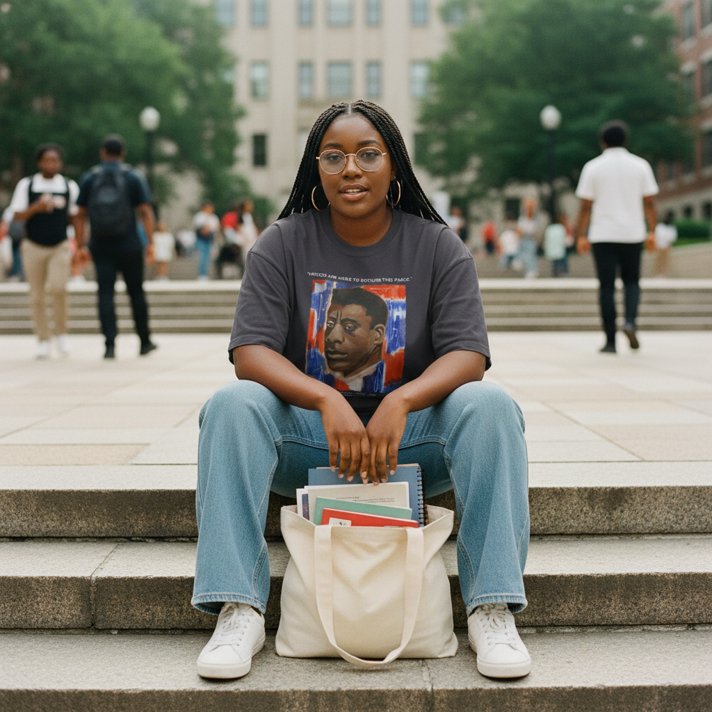 HBCU woman wearing James Baldwin tee — The Baldwin Set — Art Is Power Vol. I | Inkwell Fine Art Prints