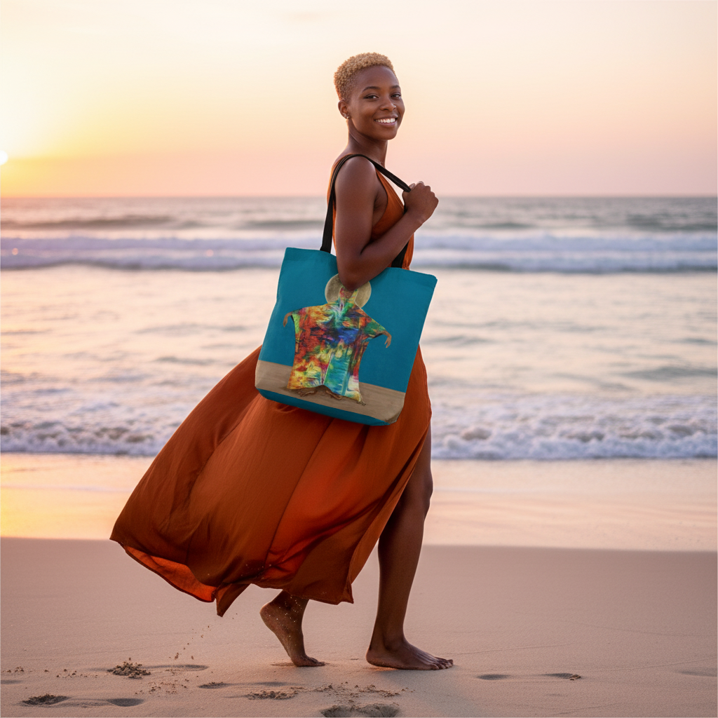 Mother Earth tote bag at beach sunset barefoot lifestyle shot — spiritual art by Antionette Simmons Hodges