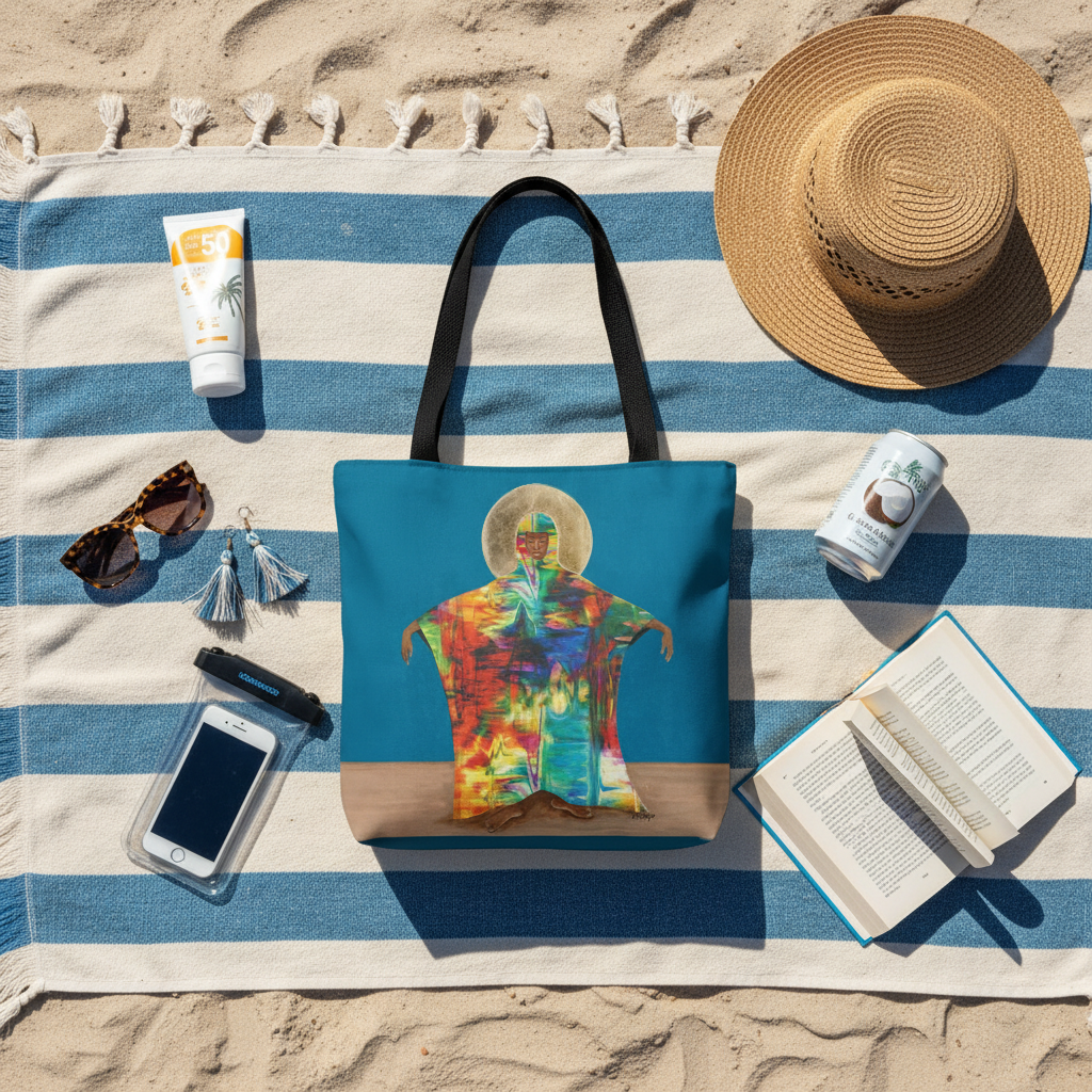 Mother Earth Art Tote Bag beach towel flatlay — teal Afrocentric design for summer