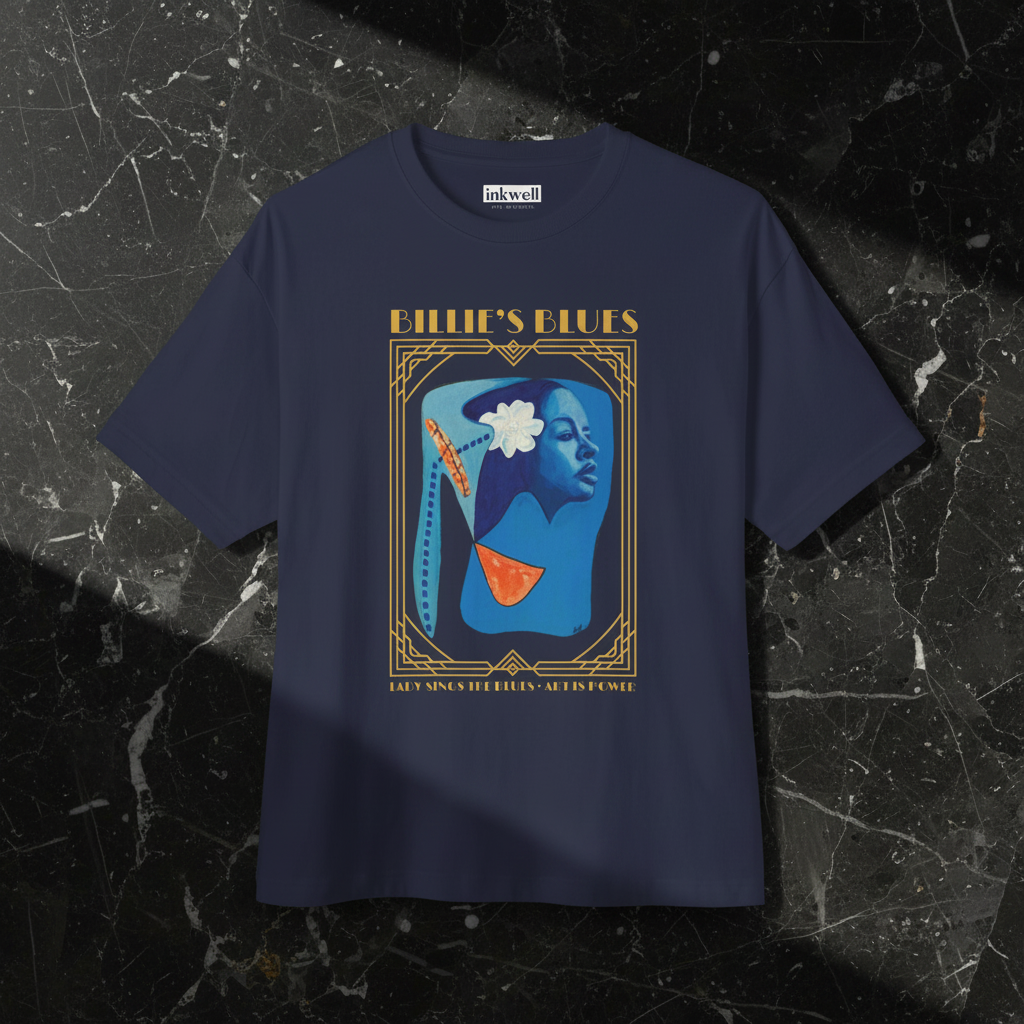 Billie Holiday Art Deco navy tee front flatlay on black marble — Art Is Power Vol. I | Inkwell Fine Art Prints