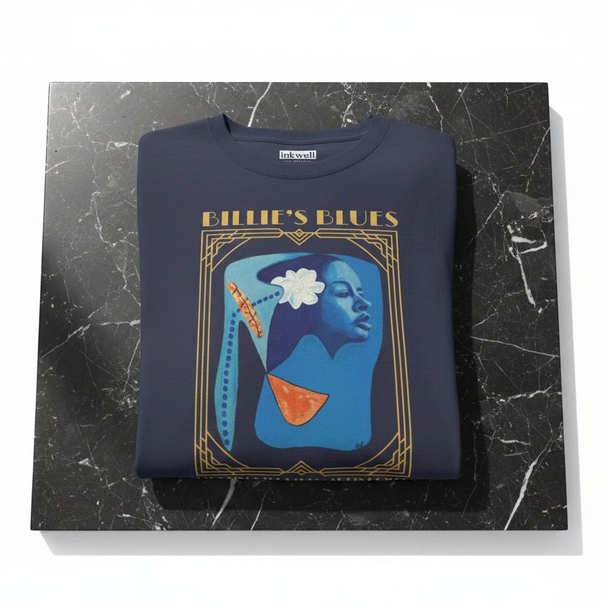 Billie Holiday Art Deco navy tee folded landscape — Art Is Power Vol. I | Inkwell Fine Art Prints