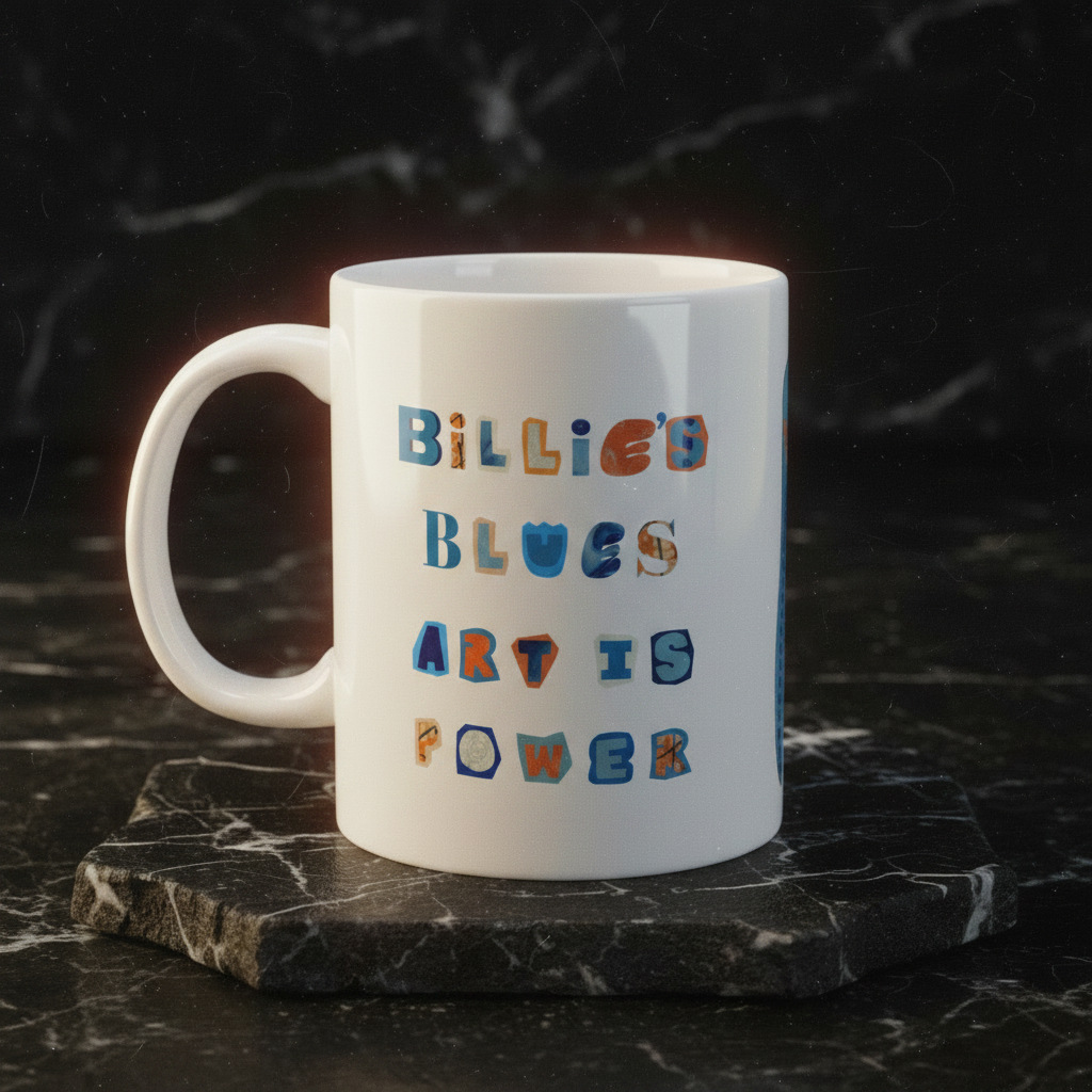Billie's Blues mug left side on marble riser — included in The Gift Set — Art Is Power Vol. I | Inkwell Fine Art Prints