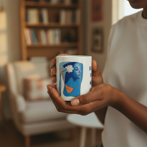 Hands holding the Billie's Blues ceramic mug — Art Is Power Vol. I by Inkwell Fine Art Prints