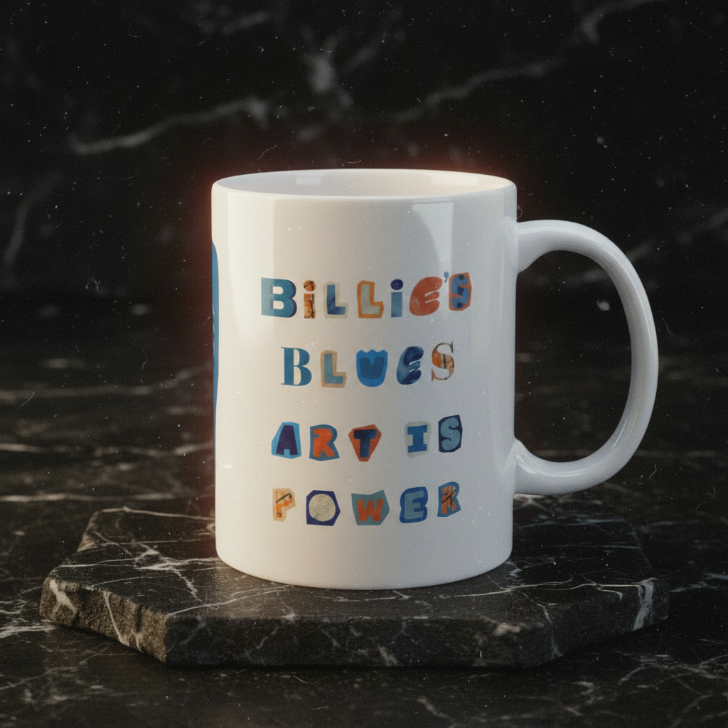 Billie's Blues ceramic mug right side view on marble riser — Art Is Power Vol. I by Inkwell Fine Art Prints