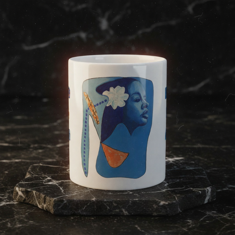 Billie's Blues ceramic mug front view on marble riser — Art Is Power Vol. I by Inkwell Fine Art Prints