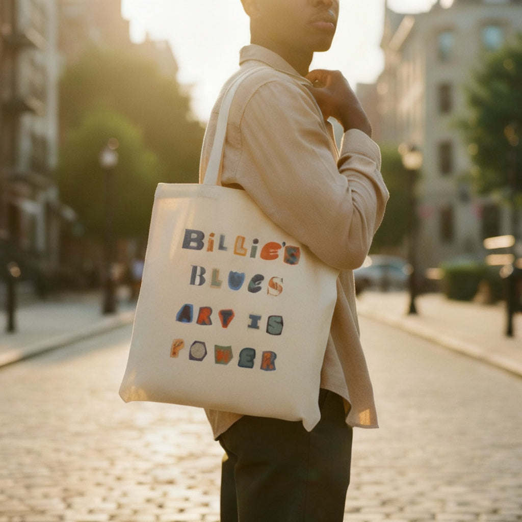 Billie's Blues natural canvas tote bag back panel lifestyle view — Art Is Power Vol. I by Inkwell Fine Art Prints