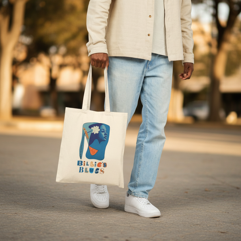 Black woman carrying the Billie's Blues natural canvas tote bag by hand outdoors — Art Is Power Vol. I by Inkwell Fine Art Prints