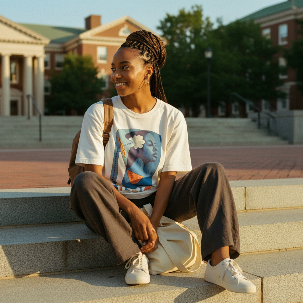 HBCU campus lifestyle — Billie's Blues white tee — The Billie's Blues Set — Art Is Power Vol. I | Inkwell Fine Art Prints