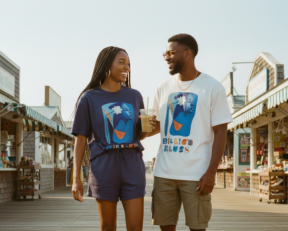 Person wearing the Billie's Blues Collector Tee on a coastal boardwalk