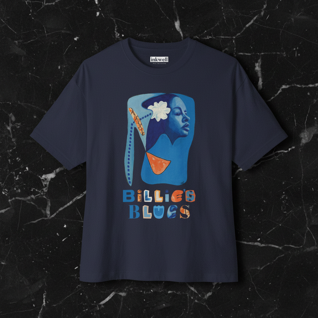 Billie's Blues tee flatlay with neck label detail — Inkwell Fine Art Prints — Art Is Power Vol. I