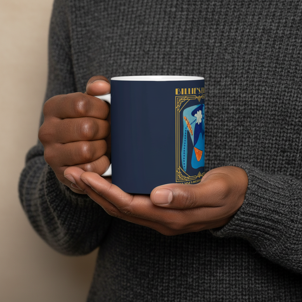 Hands holding the Billie Holiday Art Deco ceramic mug — Art Is Power Vol. I by Inkwell Fine Art Prints
