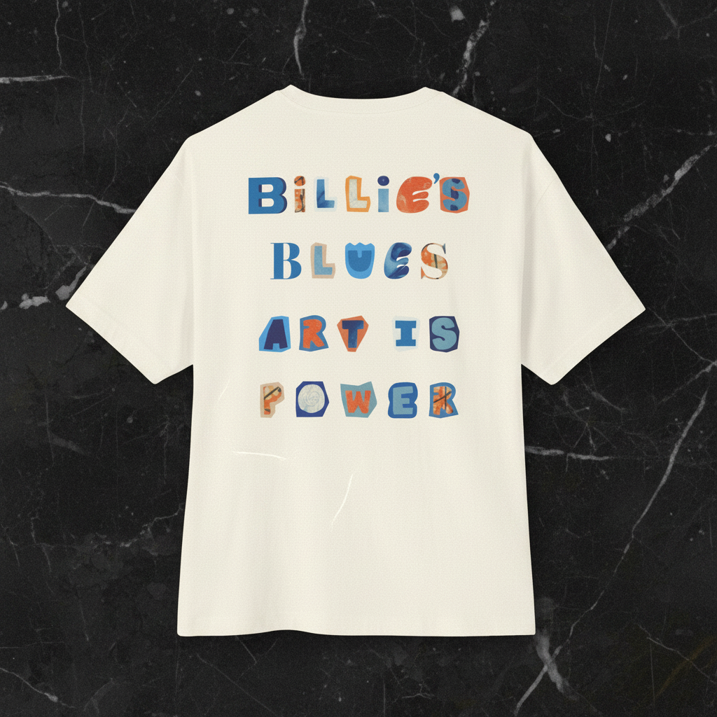 Billie's Blues oversized boxy tee back flatlay on black marble — natural colorway — Art Is Power Vol. I | Inkwell Fine Art Prints