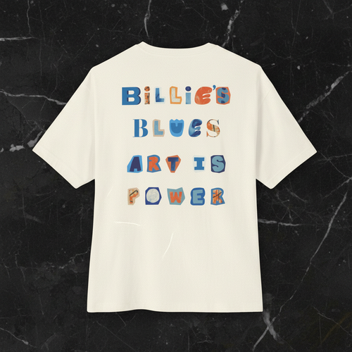 Billie's Blues oversized boxy tee back flatlay on black marble — natural colorway — Art Is Power Vol. I | Inkwell Fine Art Prints