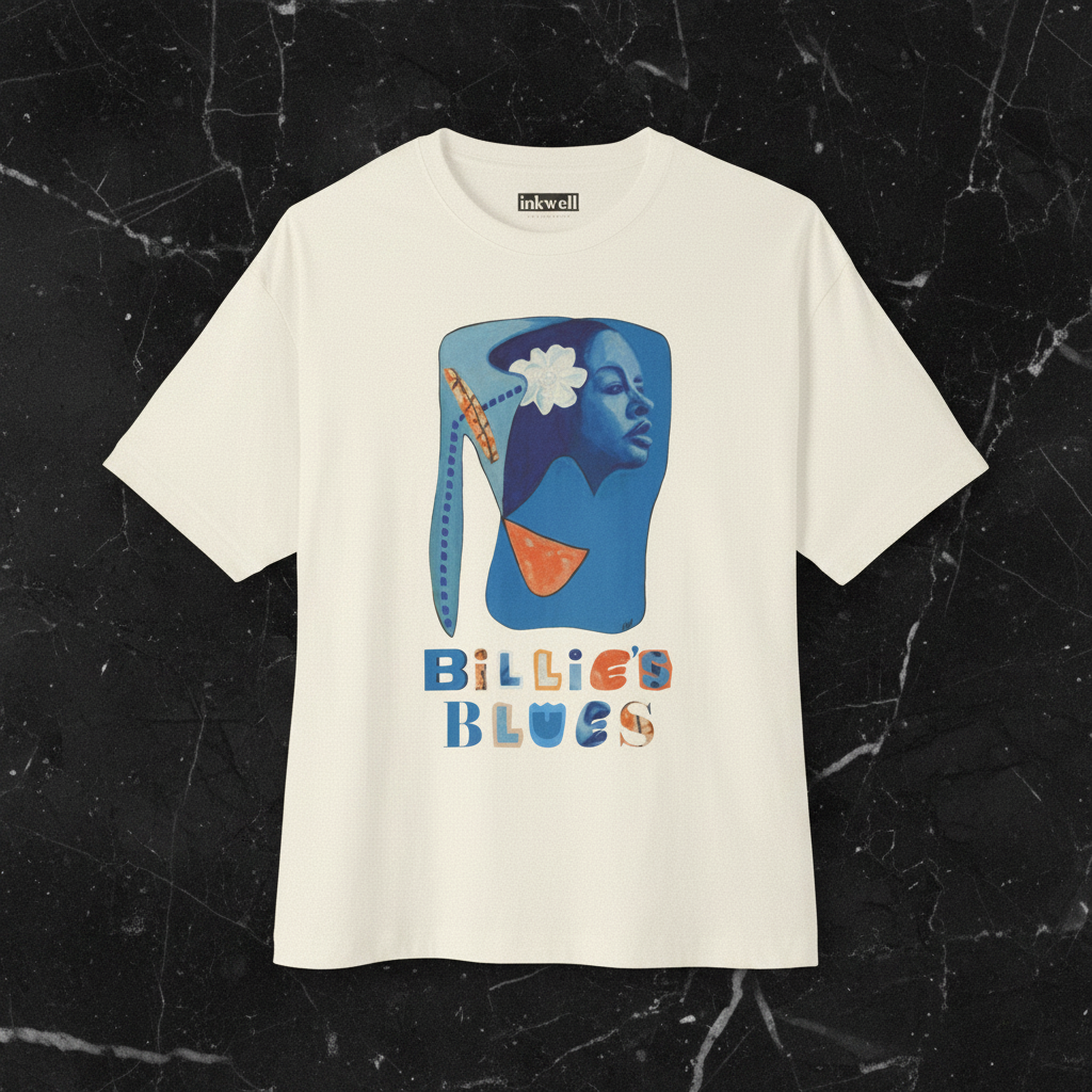 Billie's Blues natural tee front flatlay — included in The Billie's Blues Set — Art Is Power Vol. I | Inkwell Fine Art Prints