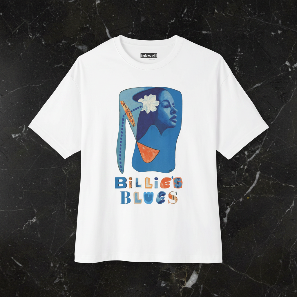 Billie's Blues white tee front flatlay on black marble — Art Is Power Vol. I | Inkwell Fine Art Prints