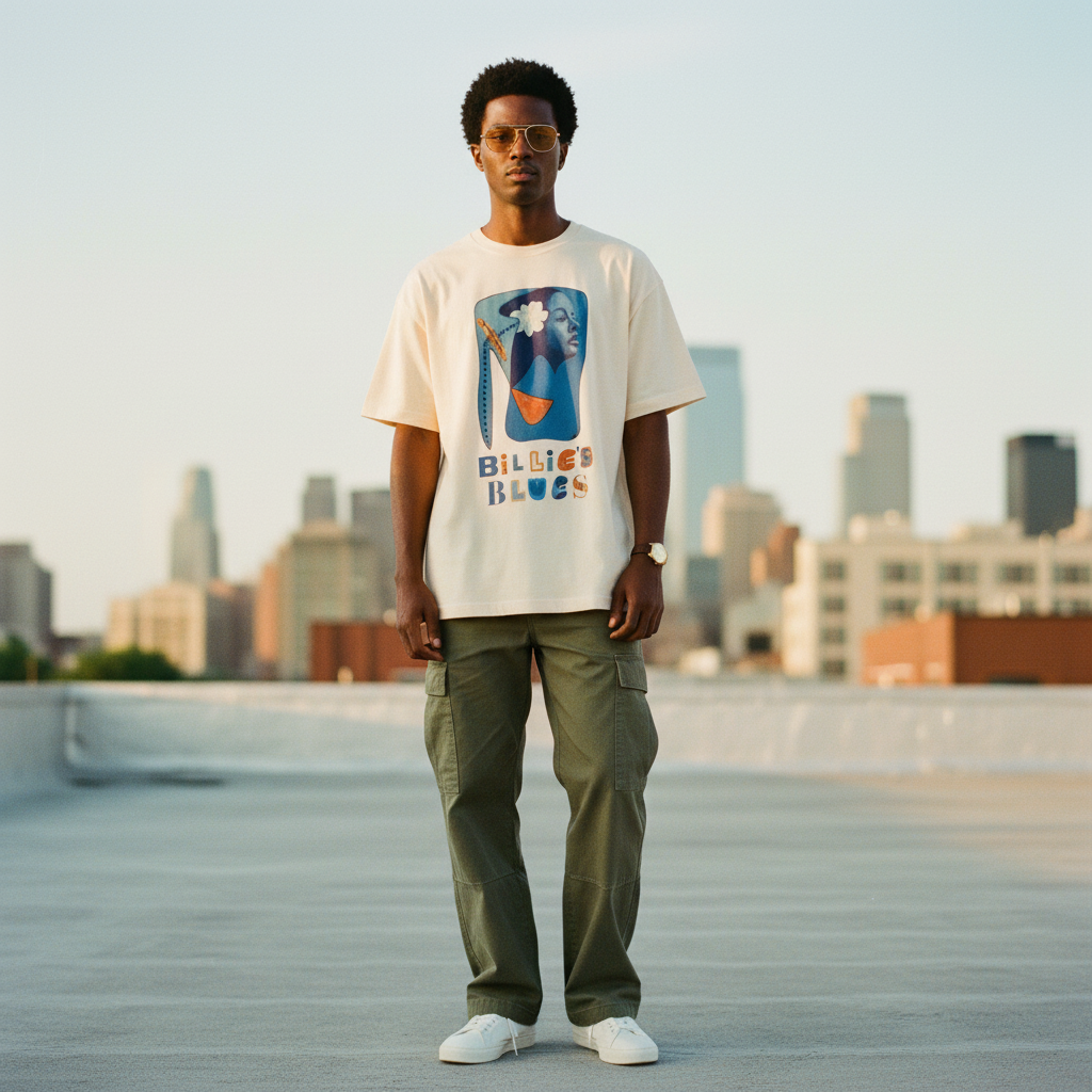 Man wearing Billie's Blues natural oatmeal oversized tee — HBCU lifestyle — Art Is Power Vol. I | Inkwell Fine Art Prints